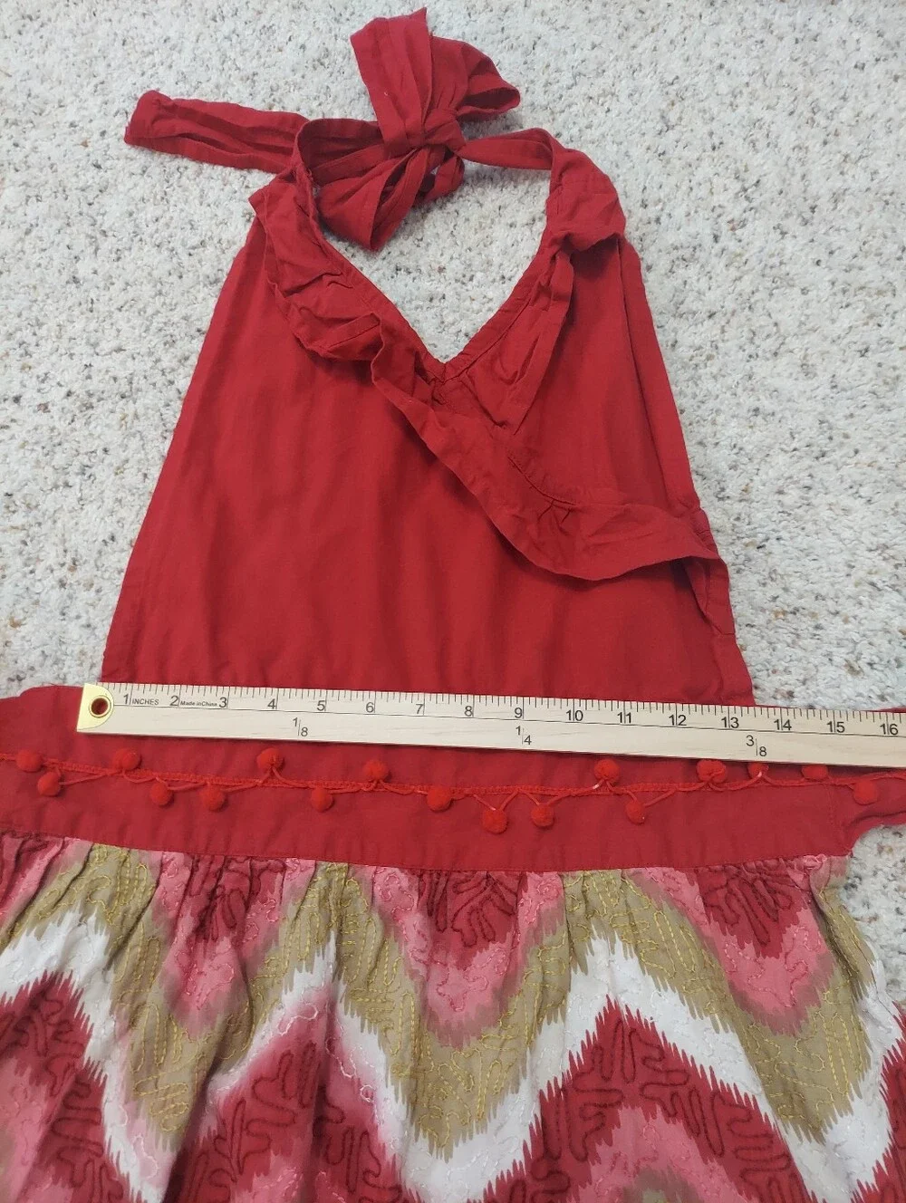 Sur La Table Ruffle & Pompom Detail Halter Red Chevron Apron OS Festive Hostess